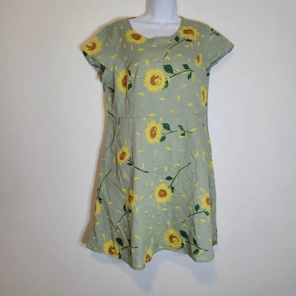 Vero moda size Xl linen/cotton cap sleeves sunflower print dress POCKETS